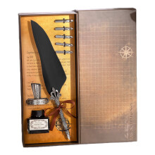 Antikes Kupfer-Federkiel-Set mit 5 Federn und Tinte