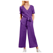 Salopă de vară pentru femei, la modă, casual, solidă, cu decolteu în V, cu dantelă, din bumbac, confortabilă, ajustabilă, violet, S