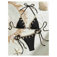 Zwarte bikini met vetersluiting - Diepe V-hals badpak voor dames - Sexy strandkleding - Bikini set met verstelbare strikjes aan de zijkant - Casual