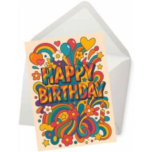 Happy Hippie Birthday Card – Retro Rainbow & Stars Design, Groovy Floral Psychedelic Greeting Card with Envelope (5x7”)
