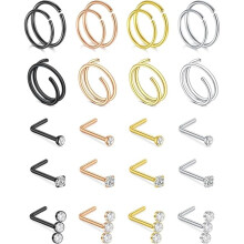 24 Pcs Nose Ring Kit Hypoallergenic Surgical Steel L-Shaped Studs & Hoops Jewelry Set for Everyday Wear for Women and Men
