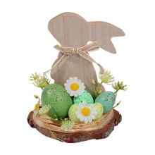 Houten paashaas tafeldecoratie – Ronde plaquette van 15 cm met pastelkleurige eieren, madeliefjes en rustieke konijnensilhouet (groen)