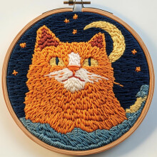 Cute Orange Cat Moon Punch Needle Kit for Beginners – DIY Yarn Embroidery Set with Printed Pattern & Hoop (20x20cm), Compatible with Punch Needle