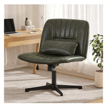 Armless Criss Cross Chair, Wide Comfy Desk Seat with Thick Cushion & Pillow, Adjustable Swivel, Green, No Wheels