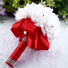 Bouquet de fleurs artificielles en perles de cristal rouge – Roses artificielles en soie pour demoiselle d'honneur, support pour la mariée,