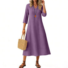 Vestido curto feminino casual de cor sólida com decote em V e mangas compridas, modelagem solta e confortável, ideal para o dia a dia no