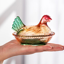 Crystal Glass Chicken Shaped Storage Jar Figurine Candy Bowl, Decorative Kitchen or Dining Table Organizer for Candy, Snacks, and Small Items,Green