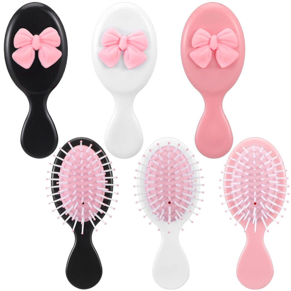 6 Pcs Mini Hair Brush Bulk with Bow, Travel Detangling Brush for Dry/Wet Hair â Pink, Black, White â Compatible with Coquette Styling