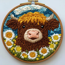 Zestaw do dziurkowania: Mała brązowa krowa szkocka w stokrotki, łatwy dla początkujących, nadrukowany wzór i tamborek, 20 x 20 cm, dekoracja do