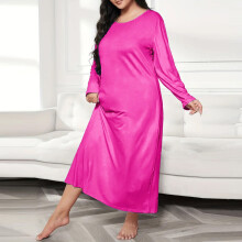 Women's Casual Fashion Solid Color Crew Neck Plus Size Long Sleeve Long Nightgown Loose Comfortable Sleep Dress for Home Relaxation