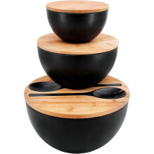 Salad Bowls Set of 3 with Lids & Utensils – Bamboo Fiber Mixing, Serving & Storage Bowls for Salad, Pasta, Fruit, Chips – Black