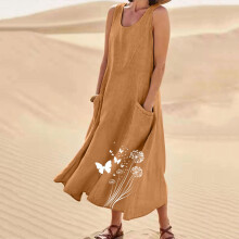 Women's Positioned Partial Print Dress Round Neck Sleeveless with Pockets Linen-Like Casual Midi Dress Lightweight Summer Beach Dresses for Ladies
