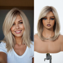14 inch steil blond synthetisch pruik met pony en highlights – mesh kap, voor vrouwen, werk/feesten/bruiloften/dagelijks gebruik – geschikt voor