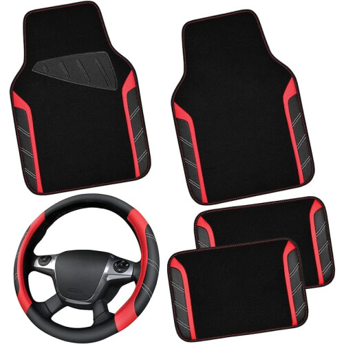 Conjunto de capa de volante em couro e tapetes de microfibra impermeáveis – Ajuste universal para 95% dos sedãs/SUVs, 14,5-15 polegadas,