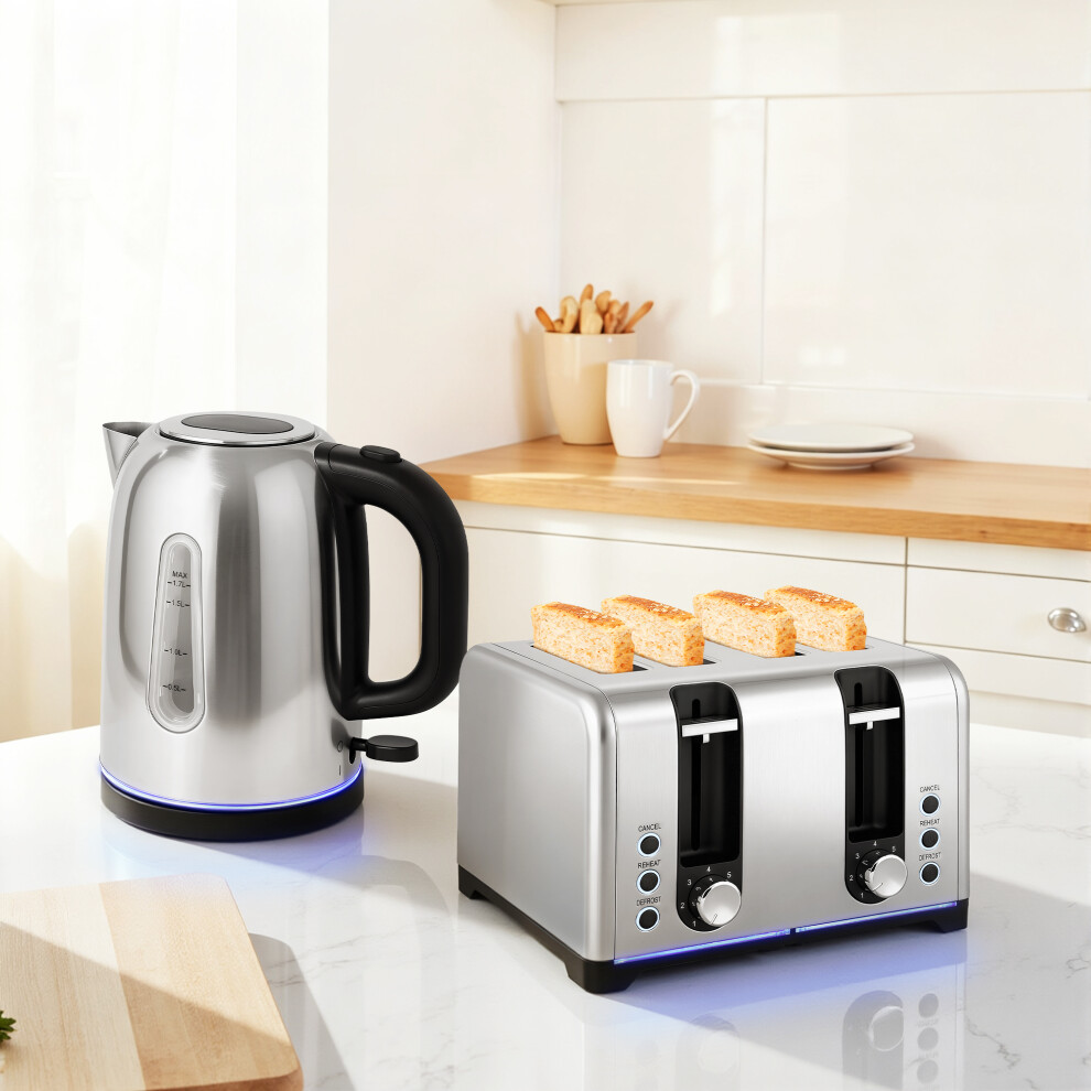 Homcom 4 Slice Wide Slot Toaster And 1.7L Rapid Boil Kettle Set, Silver Tone