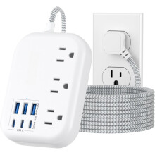 6-Outlet Surge Protector Power Strip with 10ft Braided Cord, 24W USB Station, Flat Plug—Compatible with US Outlets