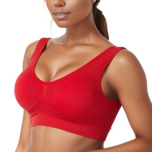Naadloze sportbeha voor dames, model MID, effen kleur, met uitneembare bh-pads, sportbeha voor dames met hoge ondersteuning, kleur: rood, maat: S