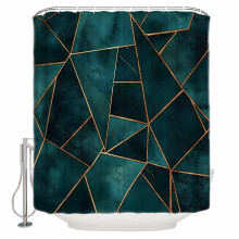 Tenda da doccia con motivo geometrico, 66" x 72", verde scuro, collage di triangoli, impermeabile, lavabile, set di tende da doccia con 12 ganci