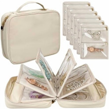 Travel Jewelry Organizer Case with 24 Clear Zipper Velvet Pouches for Earrings, Rings, Necklaces, Bracelets, Watches (Beige)