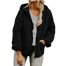 Abrigo de algodón con capucha y bolsillos para mujer, ideal para otoño e invierno. Color liso, manga larga, cálido y práctico.