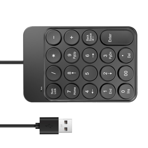 Teclado numérico ergonômico e leve com 19 teclas.