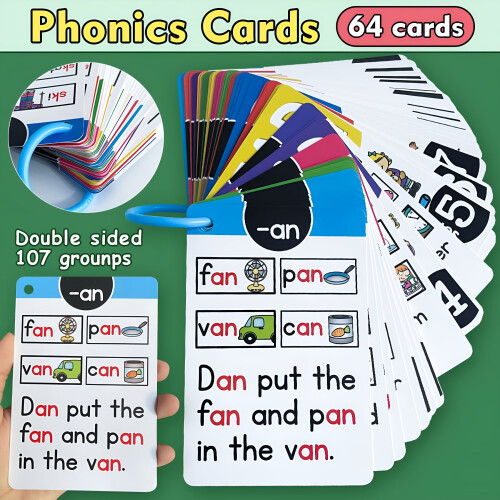 Σετ καρτών Phonics, 64 διπλής όψης, αδιάβροχες και ανθεκτικές στο σκίσιμο, με δακτύλιο