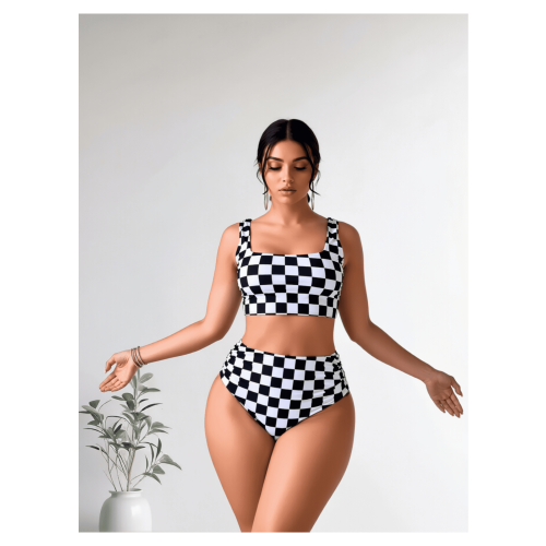 Zwart-wit geblokte bikini set voor dames, hoog model