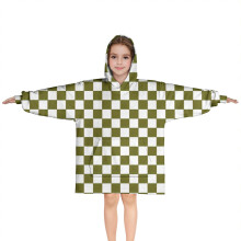 Olijfgroene en witte geruite hoodies in de vorm van een deken voor kinderen van 6-13 jaar. Oversized, draagbare hoodies in de vorm van een deken voor