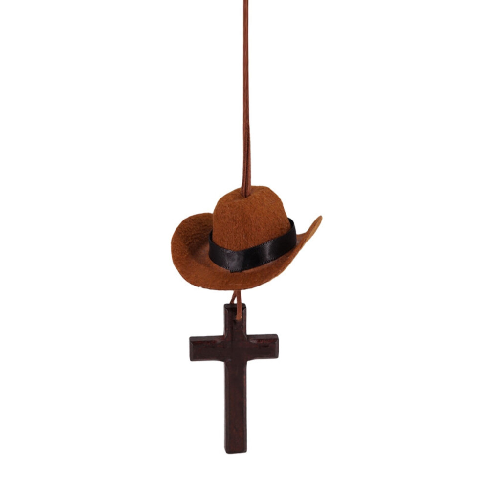 Cowboy Hat Car Charm With Wooden Cross Â 3D Western Rearview Mirror Pendant, Handmade Vintage Car Decor (Compatible With All Mirrors) 9399596549811