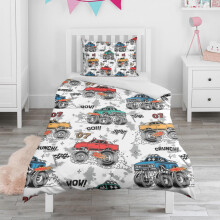 Parure de lit simple avec housse de couette et taie d'oreiller à motif de camions et voitures de dessin animé monstres, accessoires de chambre pour