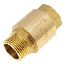 Válvula antirretorno horizontal de latón con resorte y rosca de 3/4" para tanques residenciales.