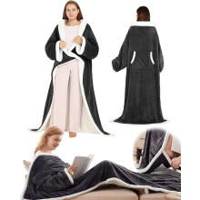 Heated Wearable Blanket with Foot Pockets & Sleeves, Electric Sherpa Robe, 6 Heat Settings, Auto Shut-Off, Full-Body Coverage (Non Heating)