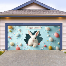1 unidad de decoración para puerta de garaje "Felices Pascuas" – Divertido diseño de conejo y huevo, pancarta de 2,4 x 2,1 metros para