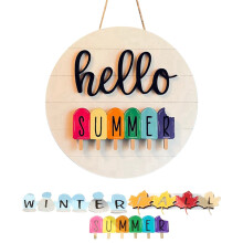 Panneau saisonnier interchangeable, panneau « Bonjour », décoration saisonnière automne-hiver-printemps-été, panneau rond de bienvenue style