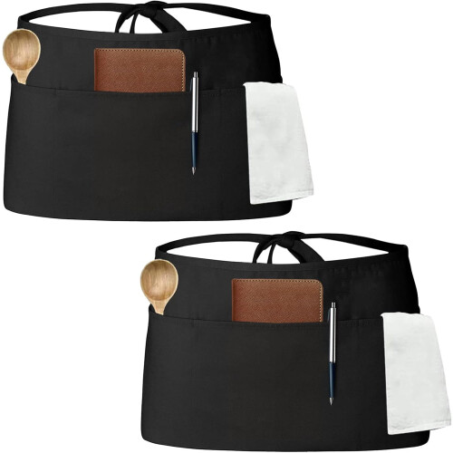 NestE Server Apron with 3 Pockets Black Half Apron