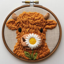 Cute Baby Orange Highland Cow Punch Needle Kit for Beginners – DIY Embroidery Set with Printed Pattern, Hoop & Yarn, 20x20cm, Compatible with Punch