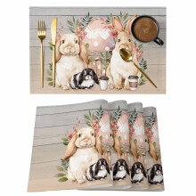 Set van 1 paashaas placemat – Waterverf konijntje en eieren, houtnerf, antislip, wasbaar, voor binnen/buiten dineren