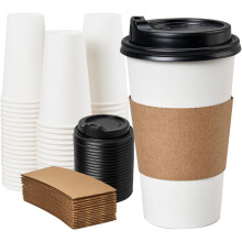 Paquete de 50 vasos de café desechables de 16 oz con tapas y fundas, vasos para café para llevar, vasos de papel para bebidas calientes en fiestas,