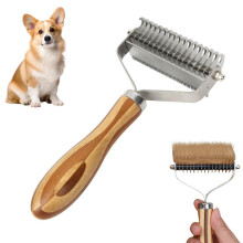 Bamboo Pet Comb for Dematting & Shedding – Double-Sided Grooming Brush with 3 Heads, Natural Bamboo Handle & Metal Teeth (7.32")