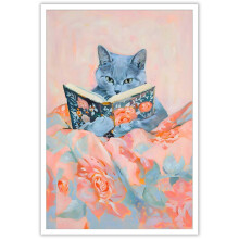 Affiche Chat Rigolo lisant des Livres avec Fleurs Roses – Décoration Murale Mignonne sur Toile pour Chambre, Étudiant et Amoureux des Chats –