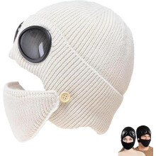 Unisex 3-in-1 Winter Ski Hat with Goggles & Detachable Mask,Winter Warm Outdoor Sports Fashion Aviator Hat(White)