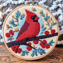 DIY Punch Needle Kit: Red Cardinal on Berry Tree – Easy for Beginners, Stamped Pattern, Hoop Included – Compatible with Punch Needle Tools