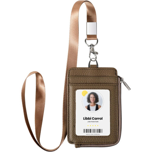 Porte-badge en cuir avec poche zippée et cordon