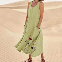 Damenkleid mit partiellem Print, Rundhalsausschnitt, ärmellos, mit Taschen, leinenartigem, lässigem Midikleid, leichtem Material, ideal für den