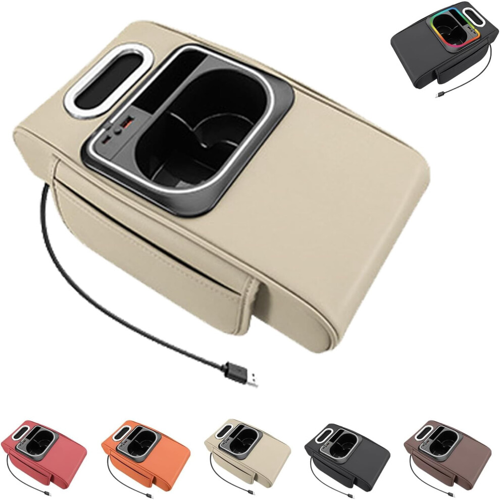 Upgraded Pu Leather Car Armrest Box Mat With Cup Holder, Tissue Holder, Ambient Usb Port Â (Compatible With Most Cars) Light/Beige 9422877337064