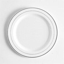 10Pcs Disposable Plastic Dinner Plates, Silver Rim, White Round – for Steak, Salad, Dessert, Weddings, Parties, Holidays