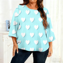 Damen-Top in Übergröße mit Herzprint, Dreiviertelärmeln und Rundhalsausschnitt, süßes, romantisches Design, weich und ideal für Alltag und