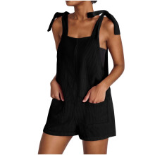 Women's Solid Black Loose Jumpsuit with Adjustable Sleeveless Design, Double Pockets & Wide Legs – Comfortable Romper, Compatible with Summer Wear