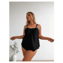 Conjunto de biquíni plus size com estampa de leopardo – Maiô de duas peças com controle de barriga, composto por shorts e top liso de gola
