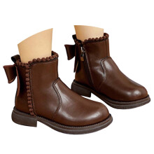 Girls Ankle Booties for Toddler to Kids – Brown, Size 5.5–6Y, Bowknot, Elastic, Soft Sole, Casual/Dressy, Winter–Spring, Compatible with